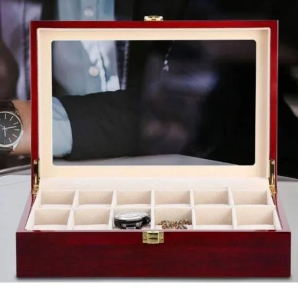 Cherry Watch Display Box, 12 Compartment Glass Top - Picture 6 of 9